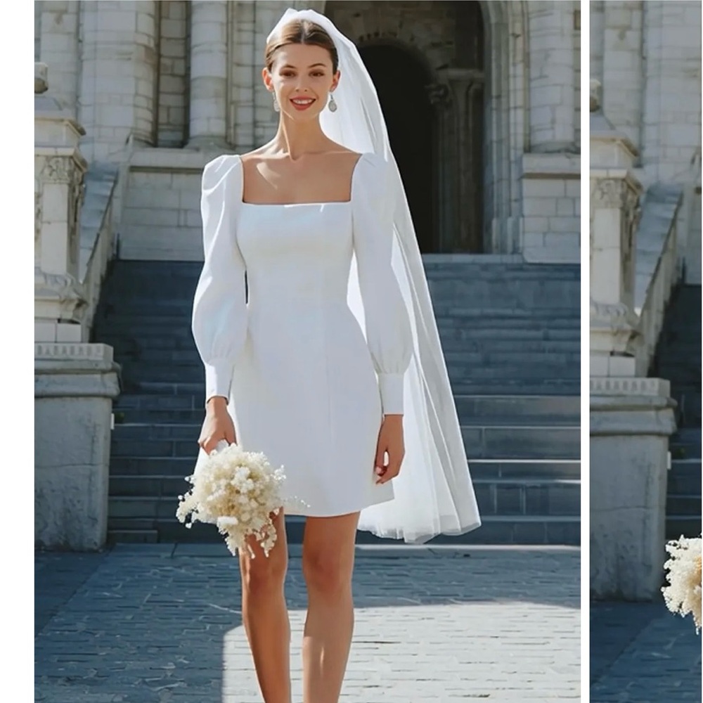 Elegant White Square-Neck Mini Wedding Dress with Puff Sleeves